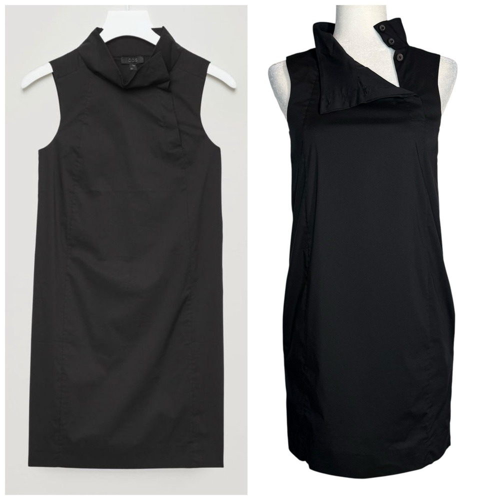 NWOT COS Button Mock Neck Knee Length Dress Size 2 Black Minimalist Pockets